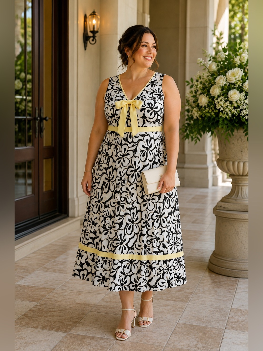 CATO Floral Bow Accent Sleeveless Dress aEuc